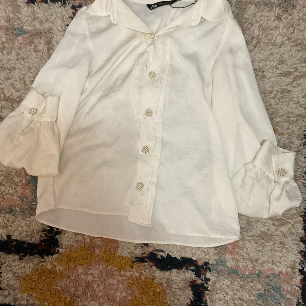 White Zara satin Shirt with Ruffle Sleeves